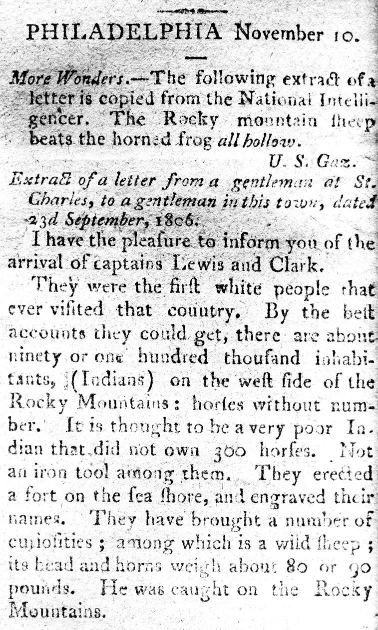 Kirje, jossa ilmoitetaan kapteenien Lewisin ja Clarkin saapumisesta, The Boston Intelligencer, 19. marraskuuta 1806 (tulostus) tekijältä American School