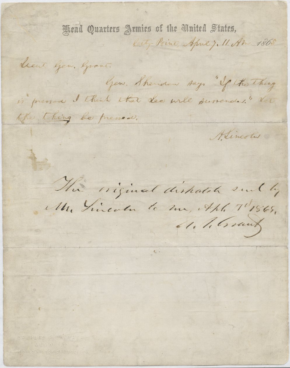 Abraham Lincolnin kirje kenraali Ulysses S. Grantille, 7. huhtikuuta 1865 tekijältä American School