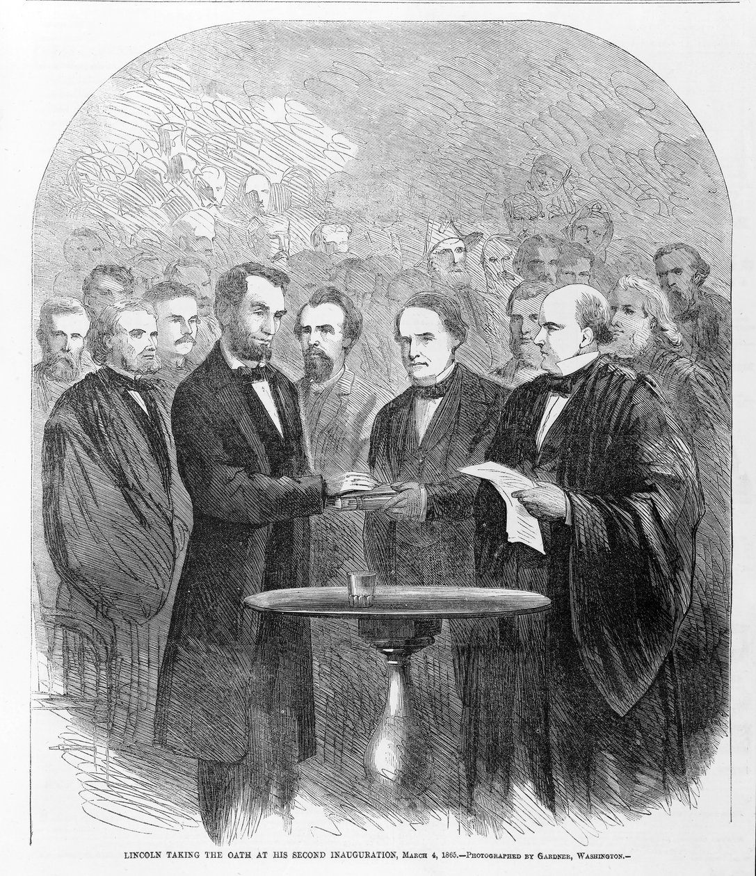 Lincoln vannoi valan toisessa virkaanastujaisissaan 4. maaliskuuta 1865, julkaistu 1865 tekijältä American School