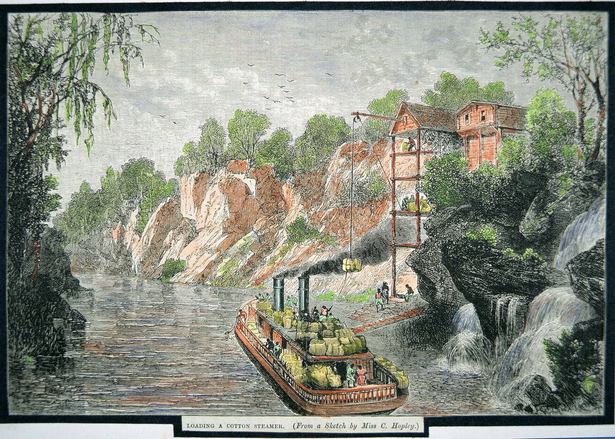 Höyrylaivan lastaus puuvillapaalien kanssa plantaasilta, noin 1860 (värillinen kaiverrus). tekijältä American School