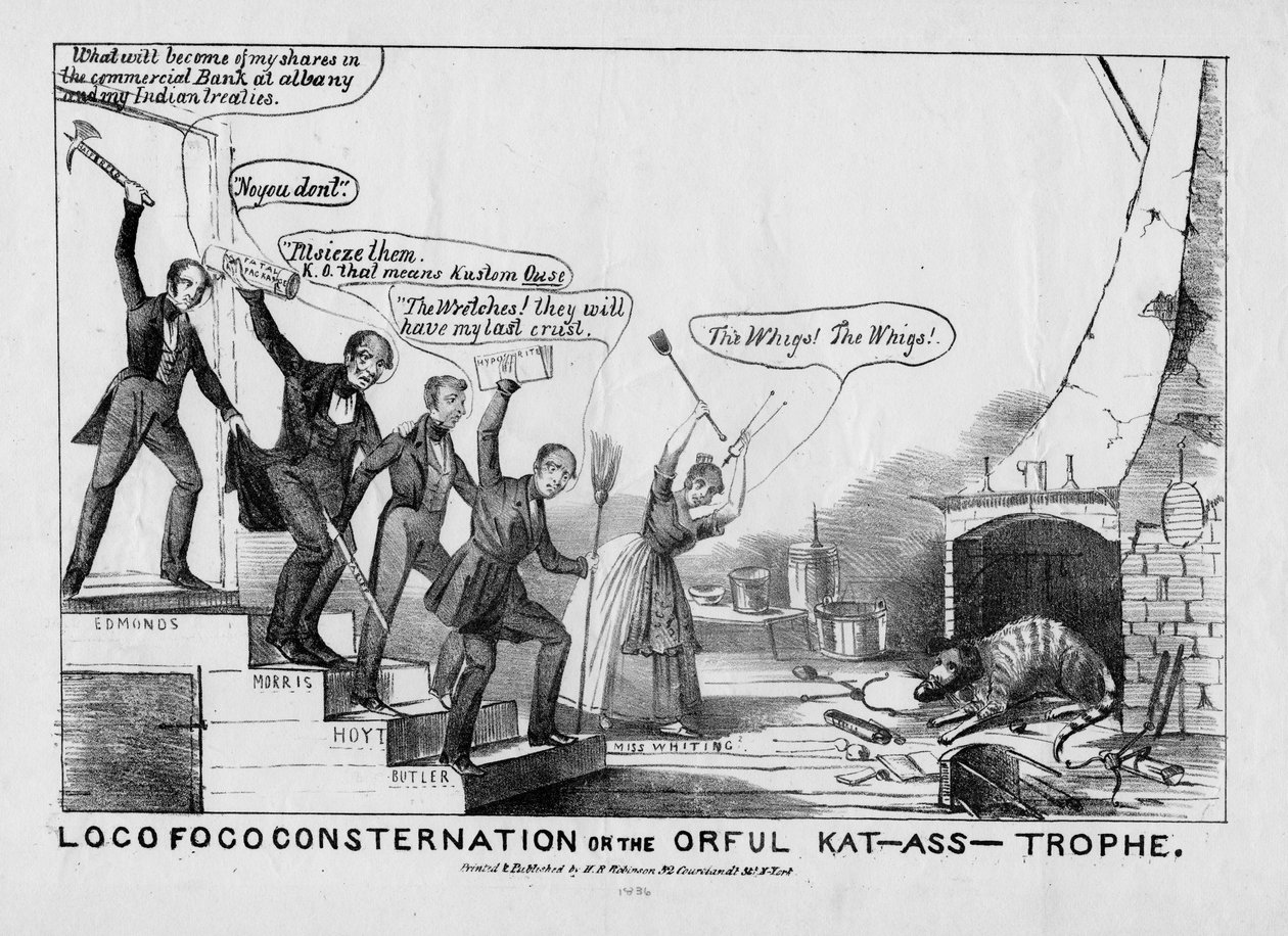 Loco Foco Consternation, orful kat-asstrophe, julkaisija H R Robinson, New York, n. 1838 tekijältä American School