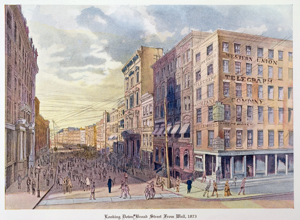 Katse alas Broad Streetille Wallista vuonna 1873, kuvitus Old New Yorkista, eilen ja tänään Henry Collins Brown, 1922 tekijältä American School