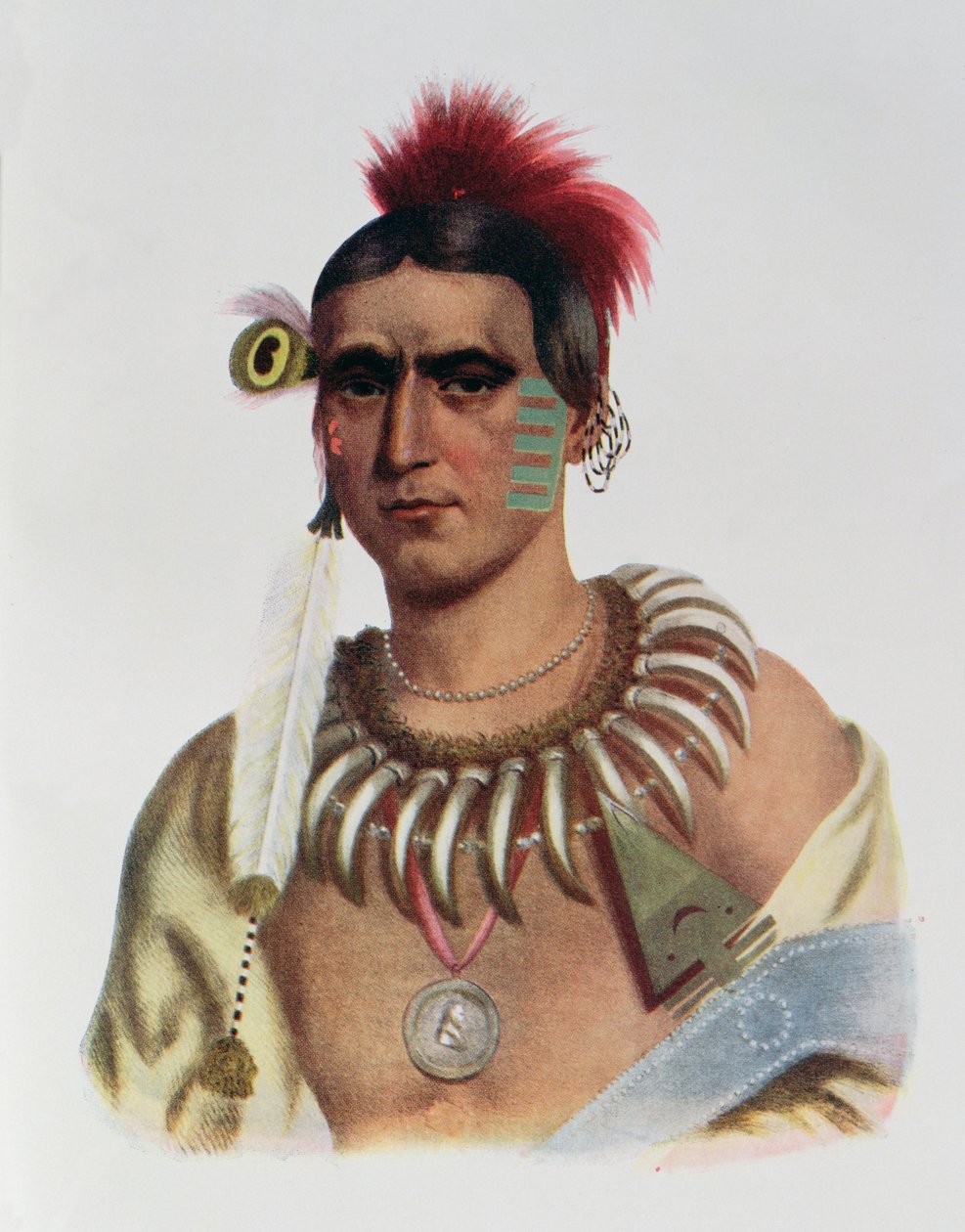 Ma-Has-Kah tai "White Cloud", Iowan päällikkö, kuvitus teoksesta "The Indian Tribes of North America, Vol.1", kirjoittaneet Thomas L. McKenney ja James Hall, pub. kirjoittanut John Grant tekijältä American School