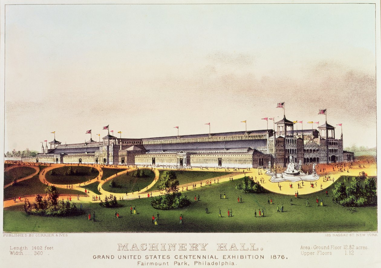 Machinery Hall, Grand United States Centennial Exhibition, Fairmount Park, julkaisijat Nathaniel Currier (1813-88) ja James Merritt Ives (1824-95), 1876 tekijältä American School