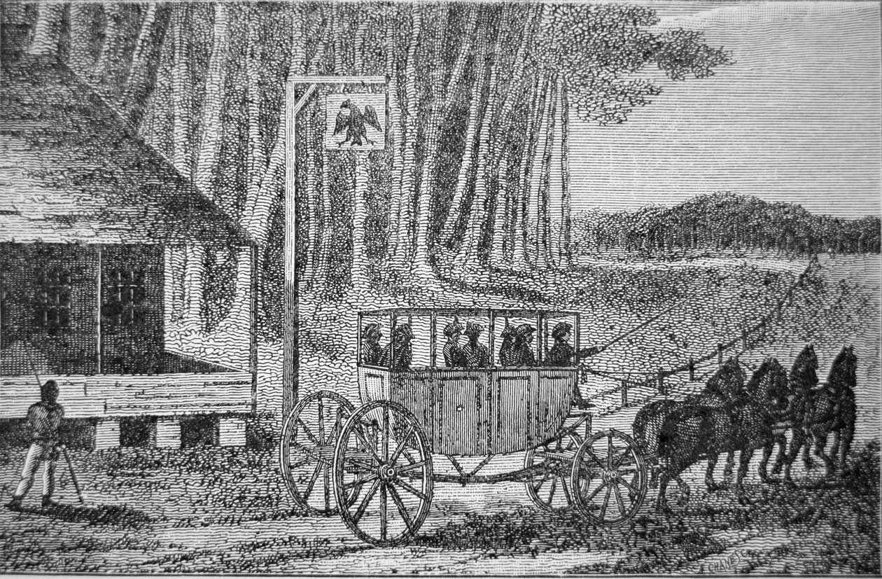 Mail Coach, kuvitus Isaac Weldin (1774-1856) julkaisusta "Travels in North America" 1795 (kaiverrus) tekijältä American School