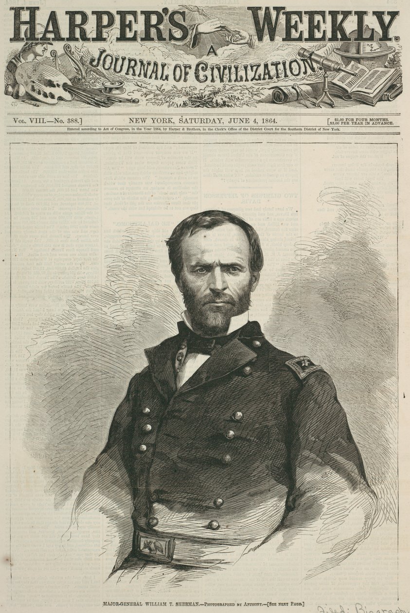 Kenraalimajuri William T. Sherman, Harpers Weeklyn etusivu, 1864 (puukaiverrus) tekijältä American School