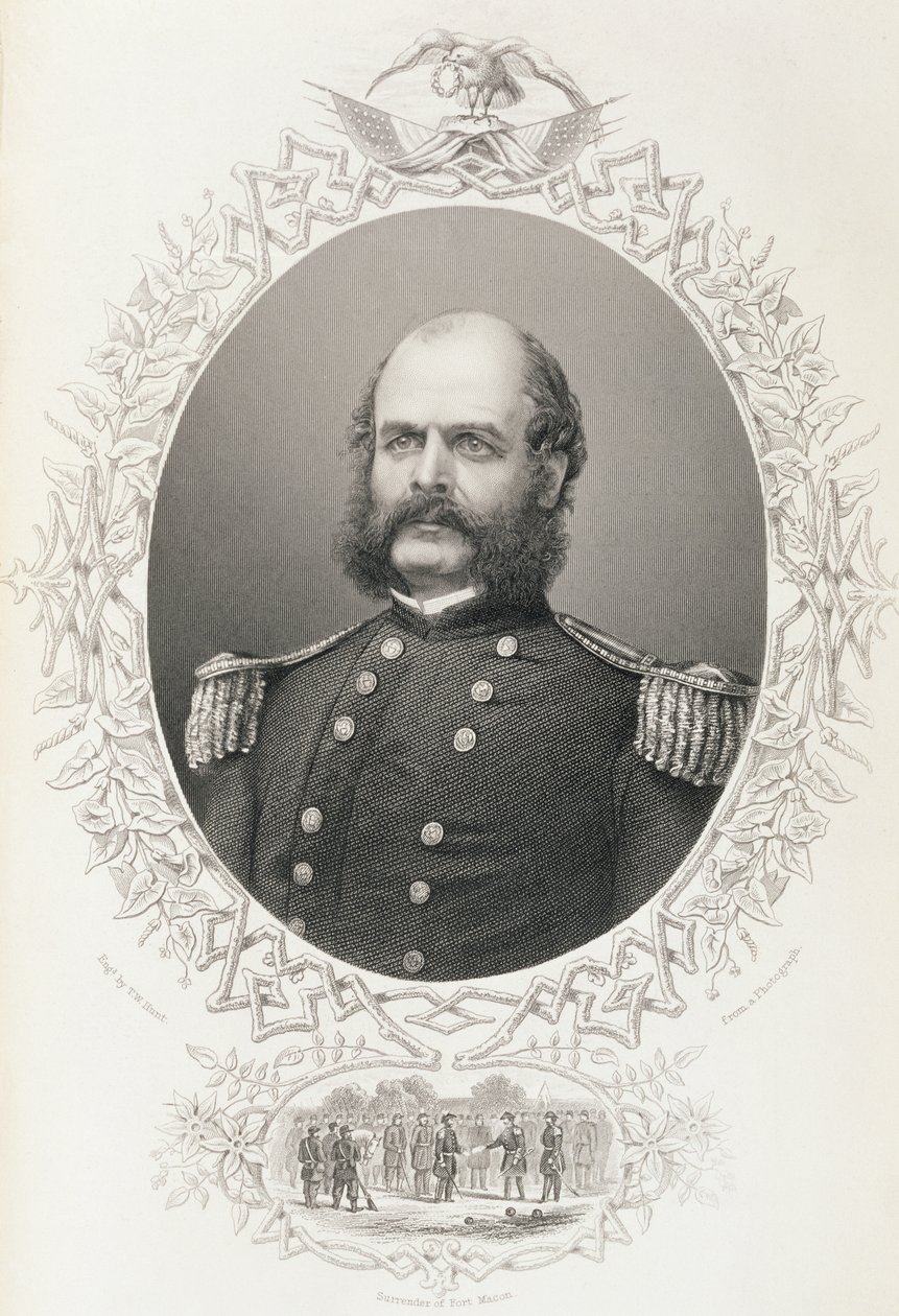 Kenraalimajuri Ambrose Everett Burnside, "The History of the United States", voi. II. Charles Mackay, kaiverrus T.W. Metsästys valokuvasta tekijältä American School