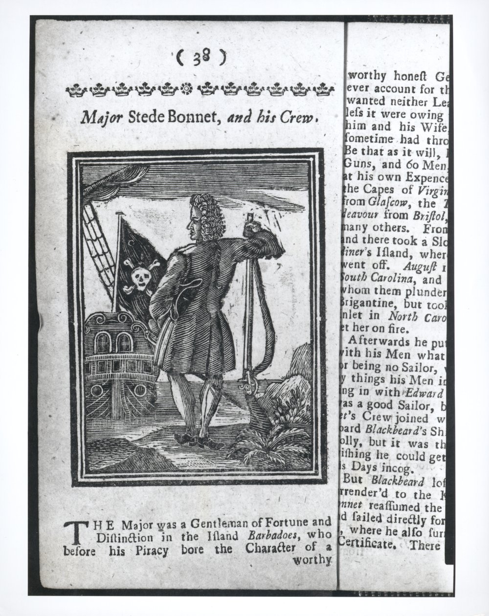 Majuri Stepe Bonnet, sivu 38 julkaisusta Histories and Lives of All the Notorious Pirates and their Crews, Lontoo, 1725 tekijältä American School