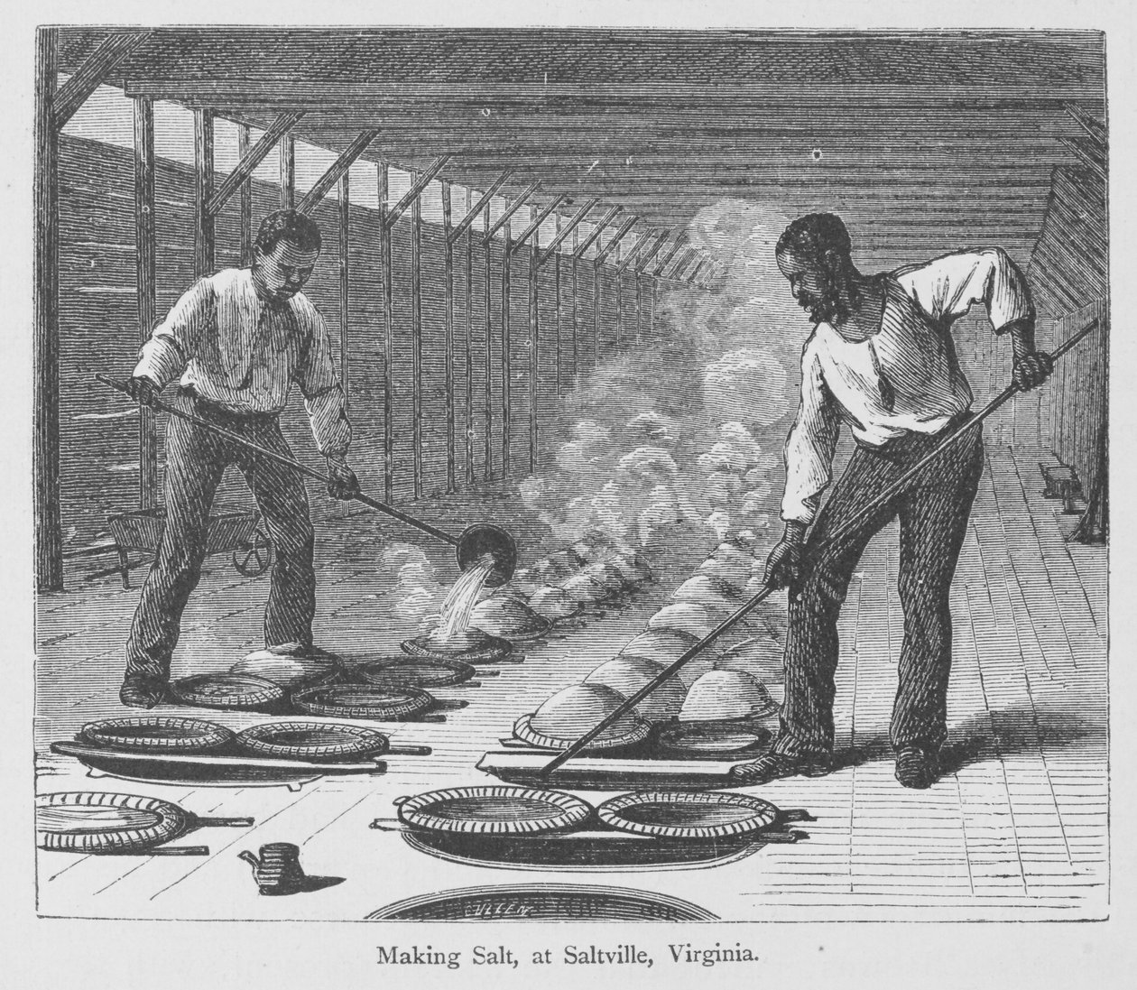 Suolan valmistus Slatvillessä, Virginiassa, Edward Kingin teoksesta The Great South, julkaistu n. 1874 (kaiverrus) tekijältä American School