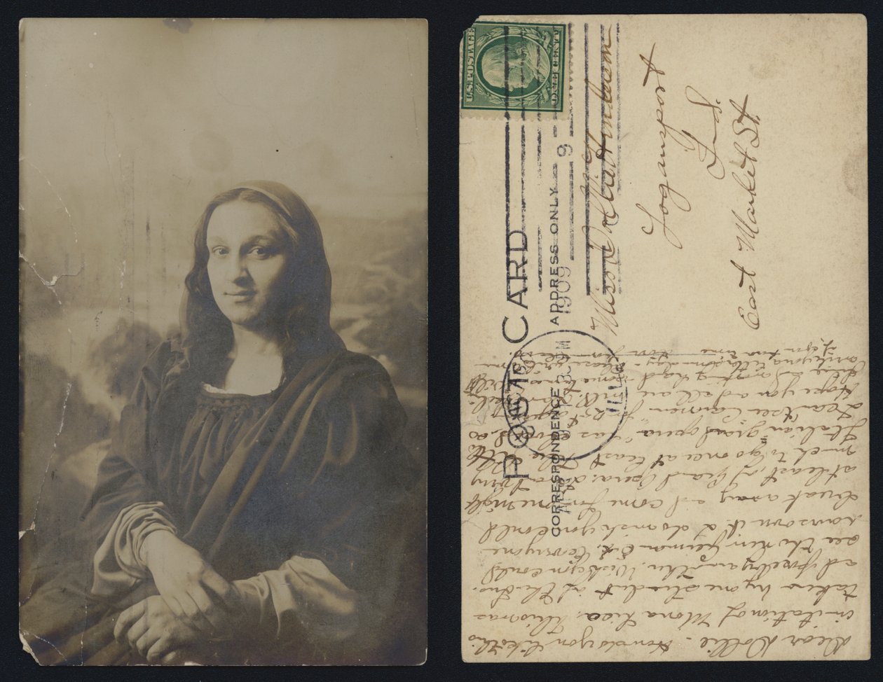 Miespuolinen Mona Lisa-postikortti lähetetty Yhdysvalloissa tekijältä American School