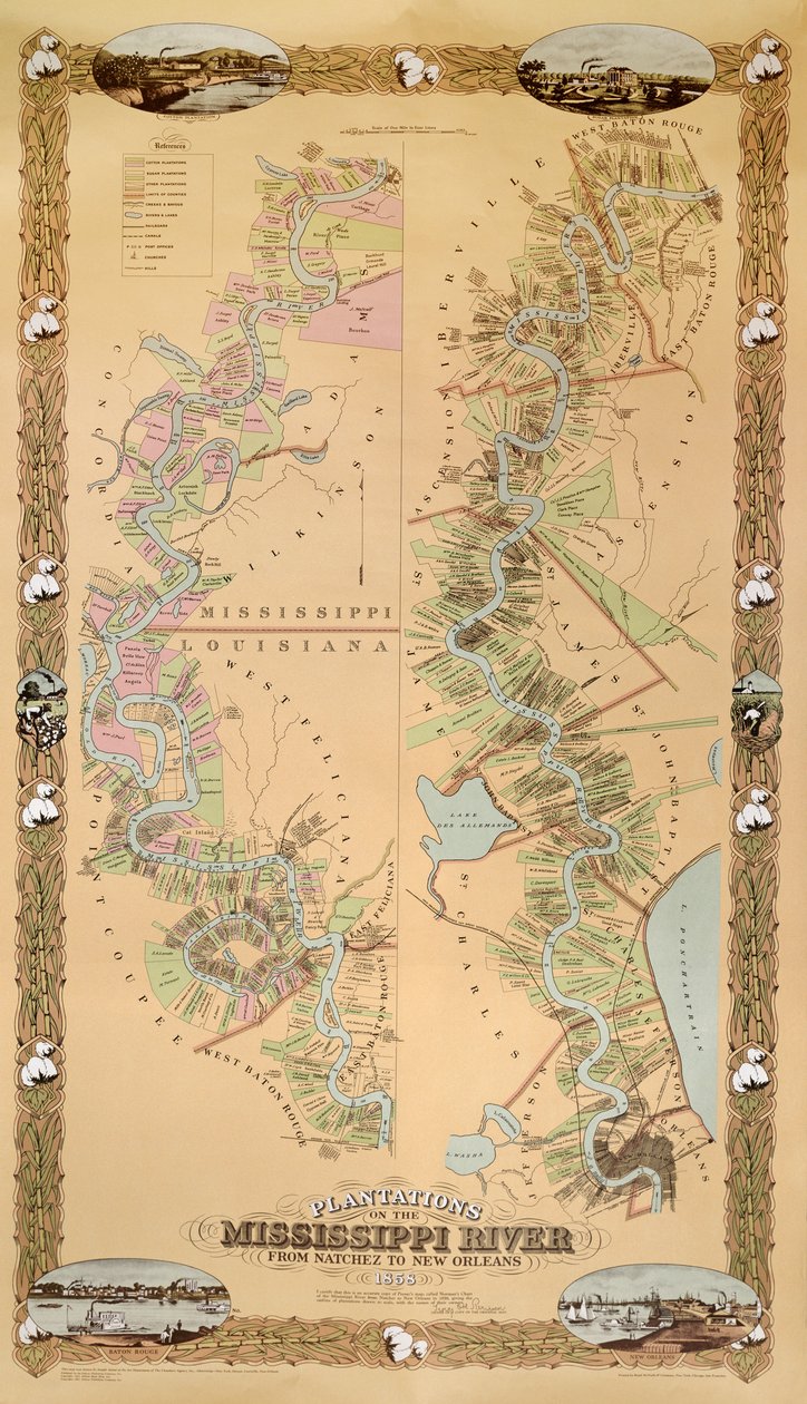 Kartta, joka kuvaa Mississippi-joen istutuksia Natchezista New Orleansiin, 1858 tekijältä American School