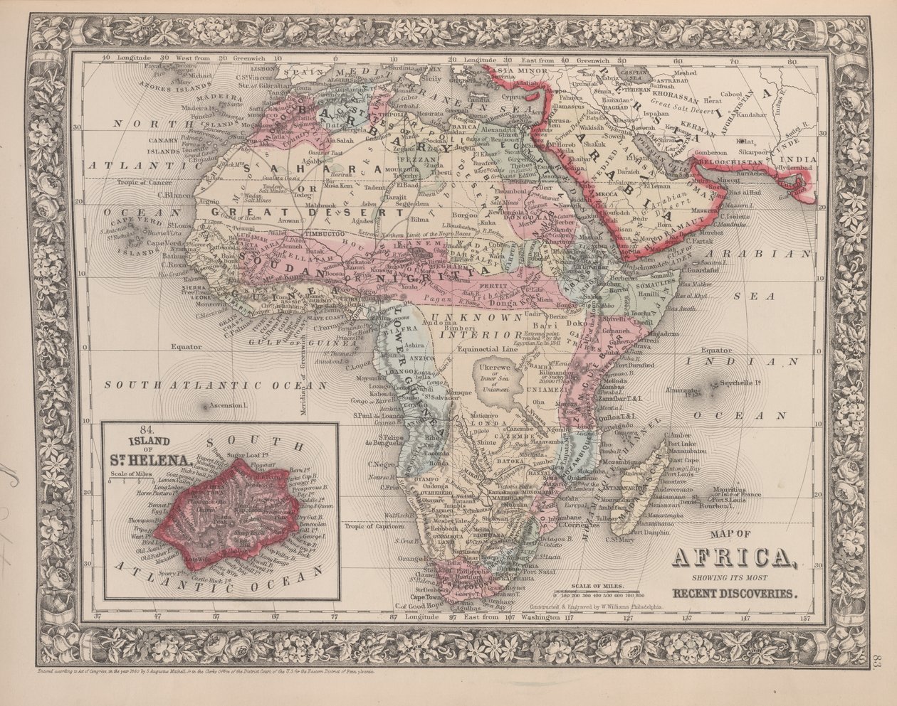 Afrikan kartta, jossa näkyy sen viimeisimmät löydöt St. Helenan saarella, Mitchellsin uudesta yleiskartasta vuodelta 1863 (värikaiverrus) tekijältä American School