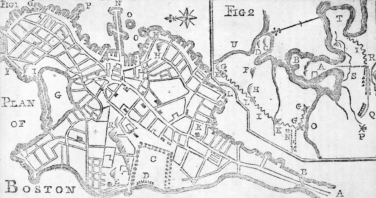 Bostonin kartta, painettu Bickerstaffs Albany Almanackissa, 1776 (tulostus) tekijältä American School