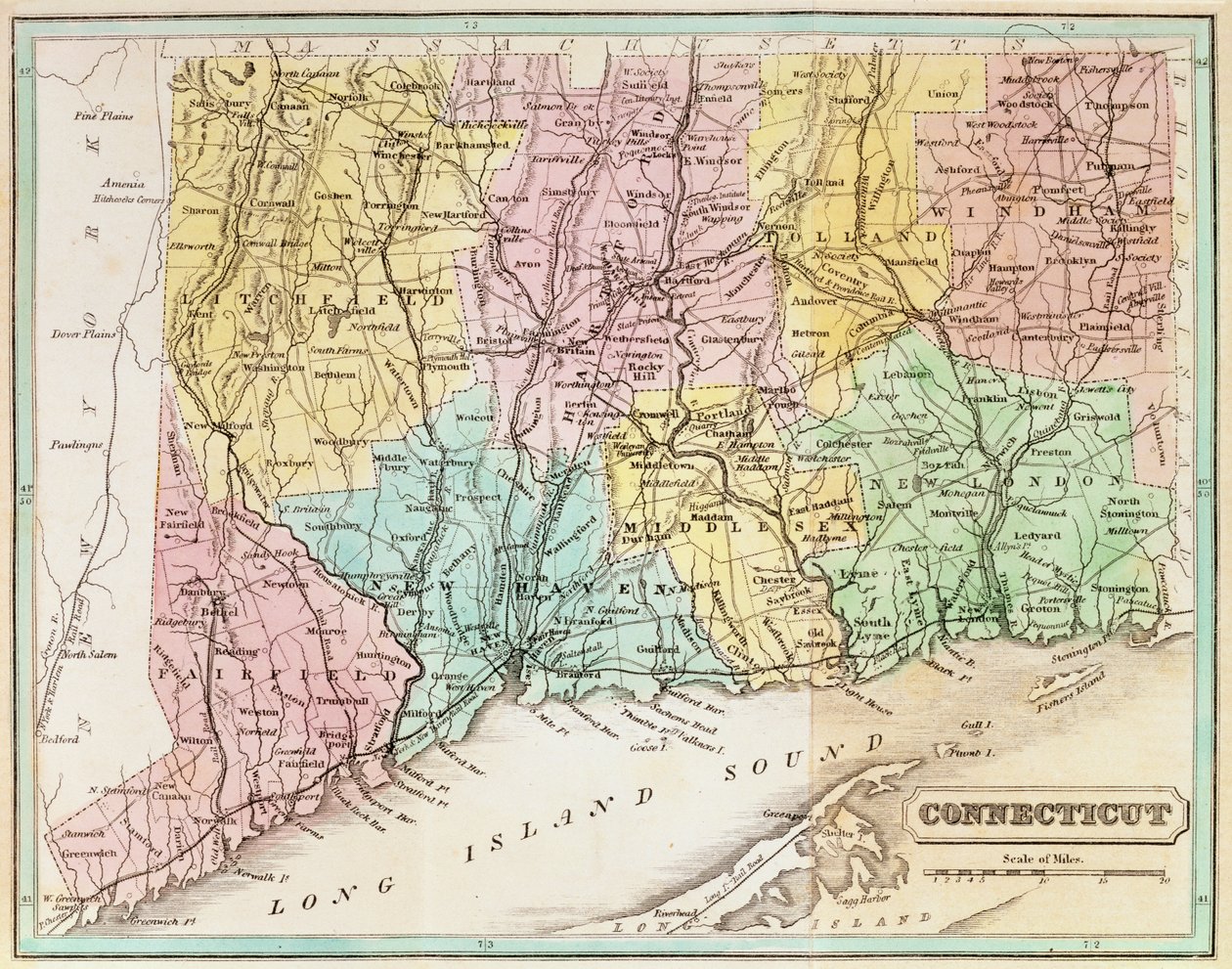 Connecticutin kartta, John Warner Barberin "Connecticut Historical Collections" -julkaisusta, 1856 tekijältä American School