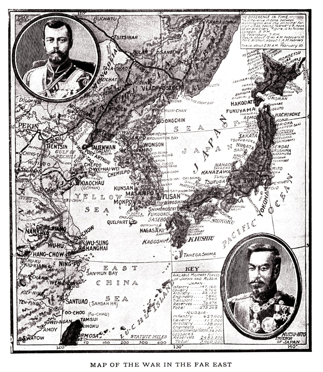 Itä-Venäjän, Korean ja Japanin kartta Japanin ja Venäjän välisen konfliktin aikana (1904-1905). Medaljongissa Venäjän tsaari Nikolai II (1868-1918) ja Japanin keisari Meiji (1852-1912). Kuvitus, teoksessa "Venäjä ja Japani ja sodan täydellinen historia vuo tekijältä American School