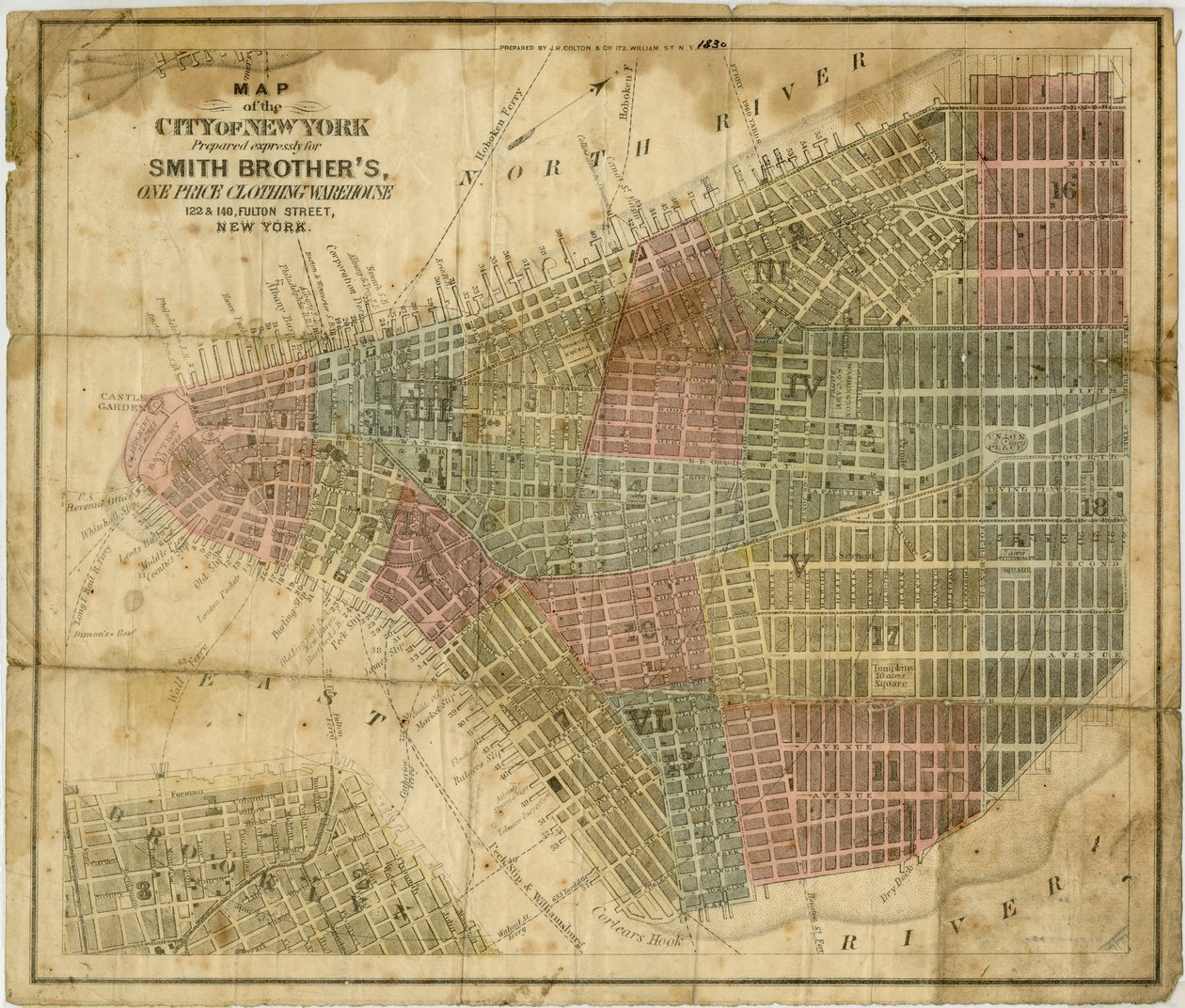 New Yorkin kaupungin kartta: valmistettu nimenomaan Smith Brotherille, yksihintainen vaatevarasto... laatinut J.H. Colton & Co., 1854-1869 (musta ja värillinen muste paperille) tekijältä American School