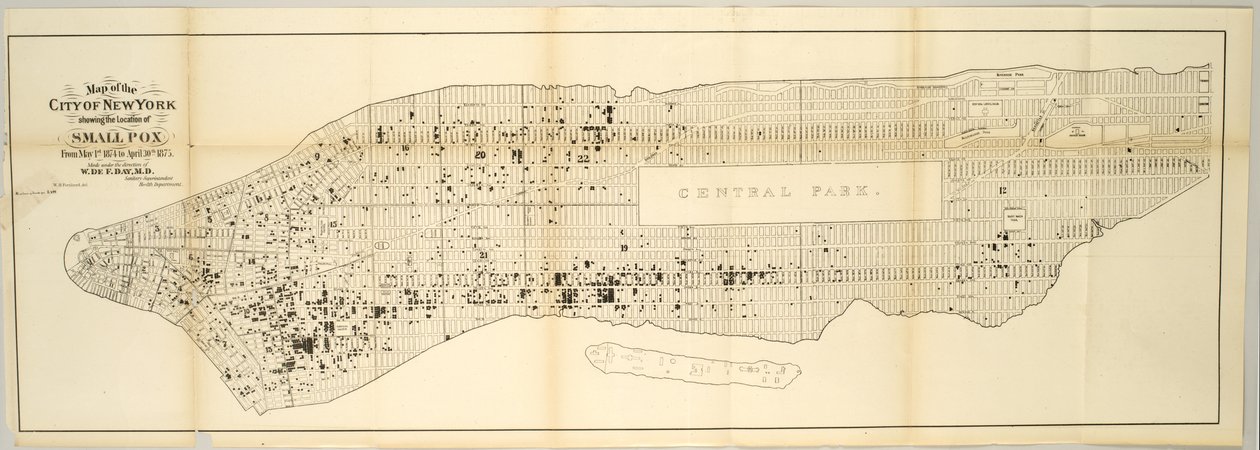 New Yorkin kaupungin kartta, jossa näkyy isorokon sijainti 1. toukokuuta 1874 - 30. huhtikuuta 1875. tekijältä American School
