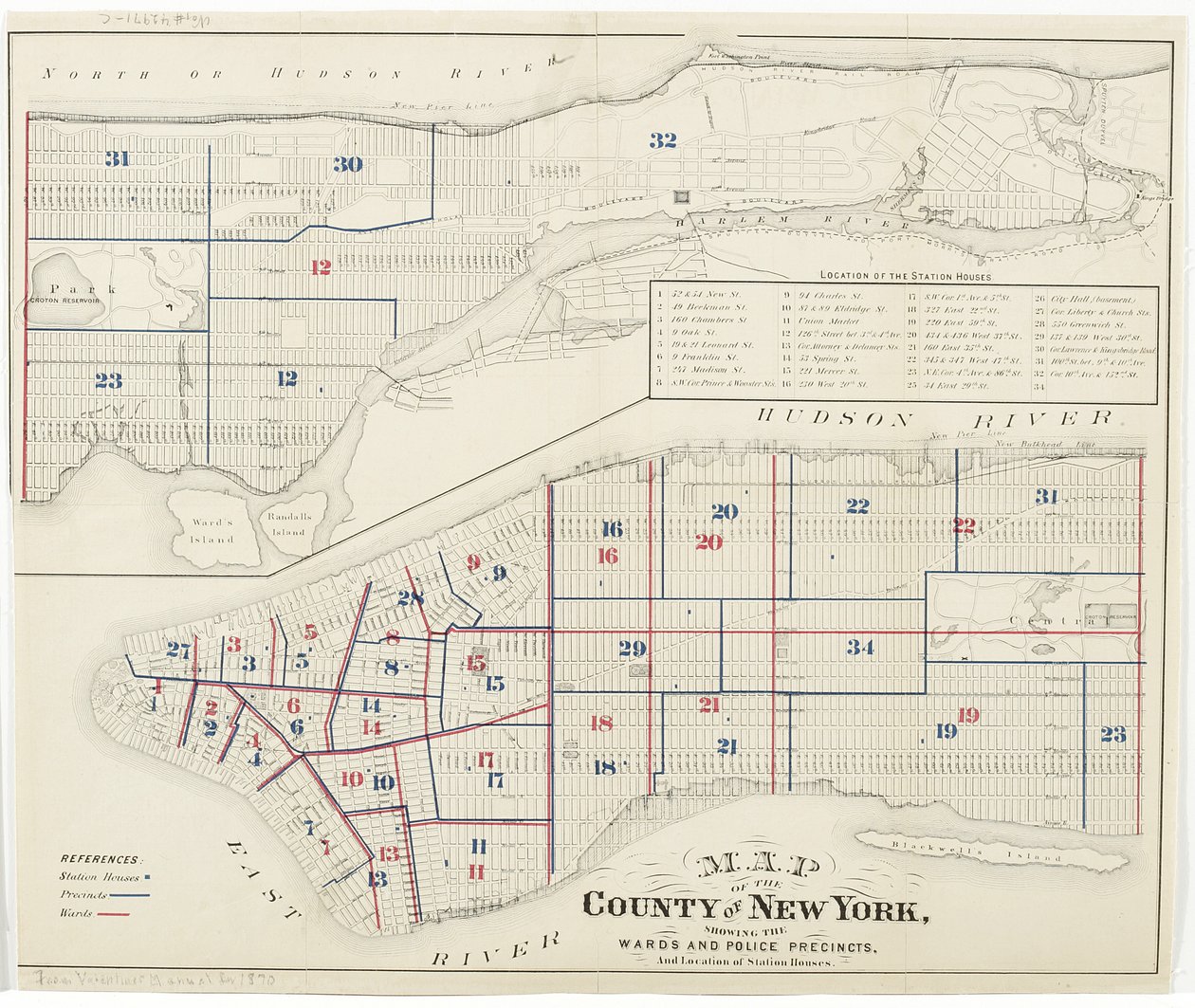 New Yorkin piirikunnan kartta, jossa näkyvät osastot ja poliisiasemat sekä asematalojen sijainti, 1870 (muste paperille) tekijältä American School