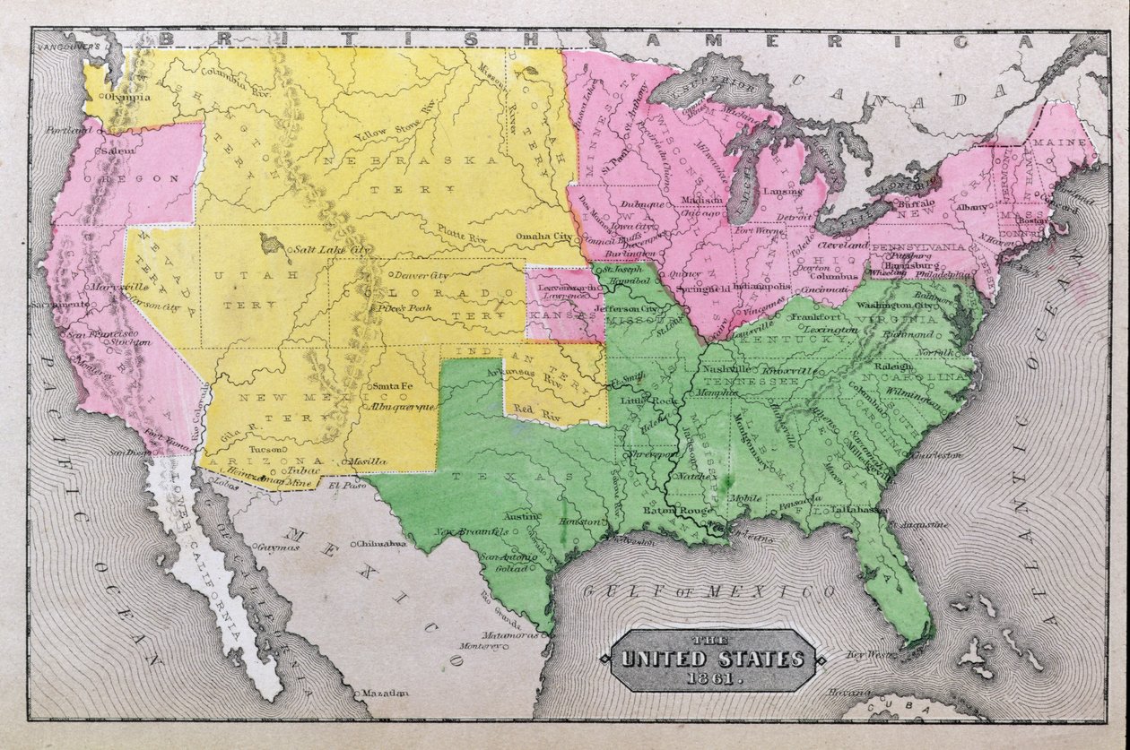 Yhdysvaltojen kartta vuonna 1861, John Warner Barberin ja Henry Haren teoksesta "Koko maamme: Yhdysvaltojen menneisyys ja nykyisyys, historiallinen ja kuvaileva", 1861 tekijältä American School