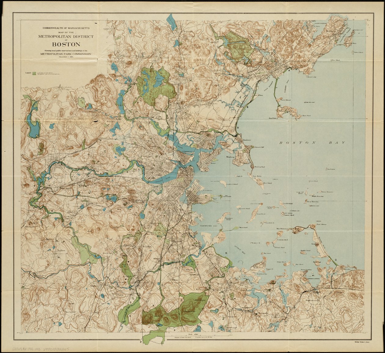Kartta Bostonin metropolialueesta, Massachusettsista: näyttää paikalliset julkiset varaukset ja Metropolitan Park Commissionin omistukset, 1901 tekijältä American School