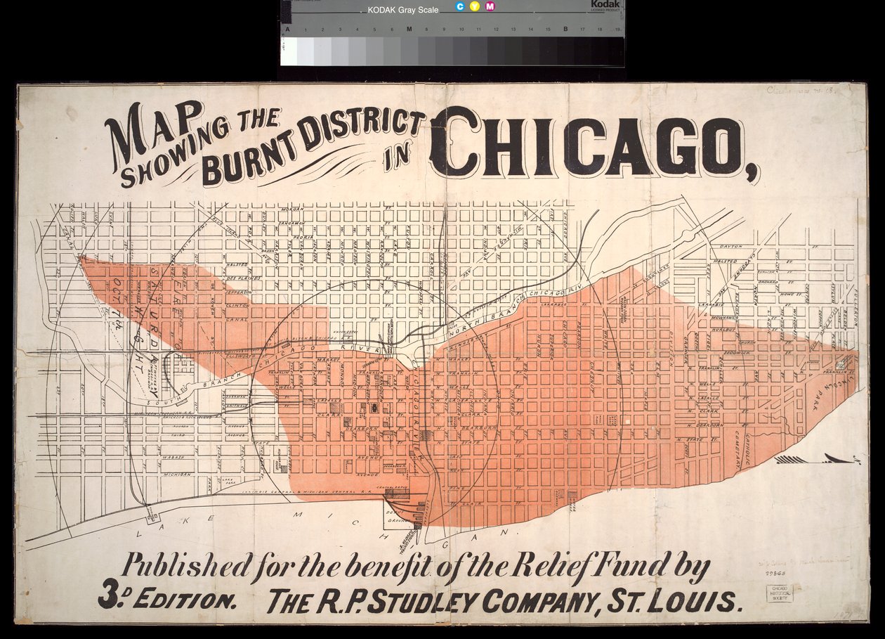Kartta, joka näyttää Burnt Districtin Chicagossa, n. 1872 tekijältä American School