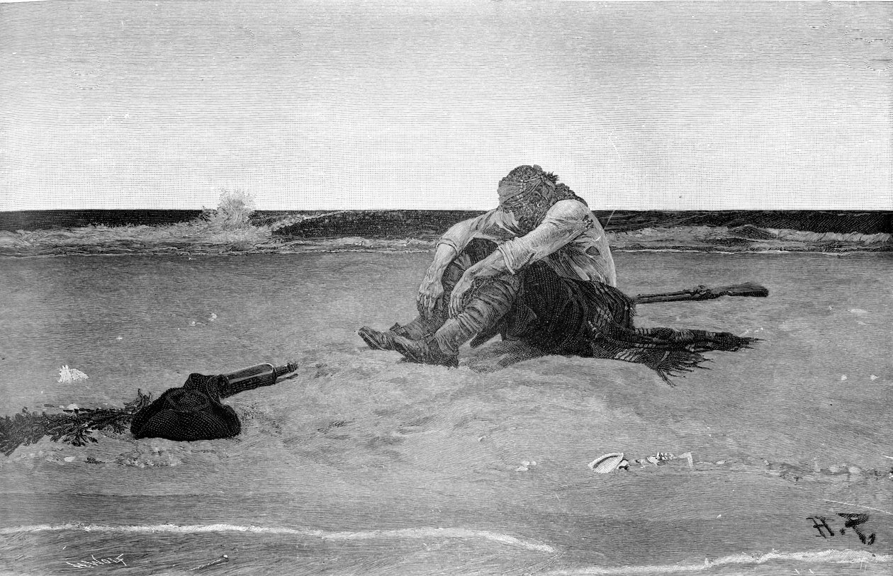 Marooned merirosvo Howard Pylen (1853 - 1911), yhdysvaltalaisen kuvittajan "Buccaneers and Marooners of the Spanish Main" mukaan. Grisaille. 1887. tekijältä American School