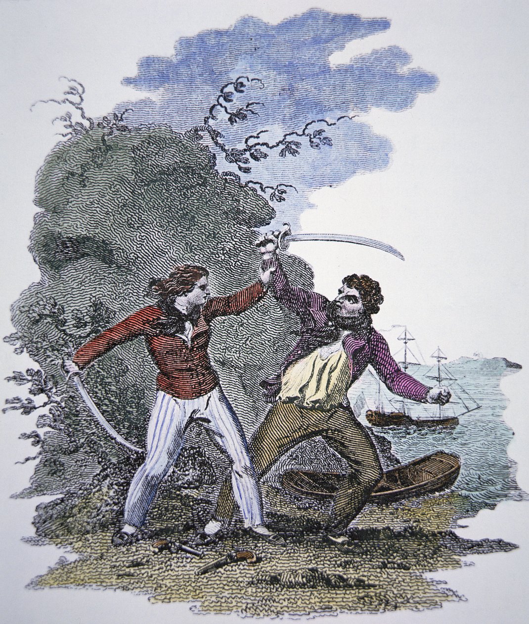 Mary Read taistelee toista merirosvoa vastaan pelastaakseen miespuolisen rakastajansa hengen (värillinen kaiverrus) tekijältä American School