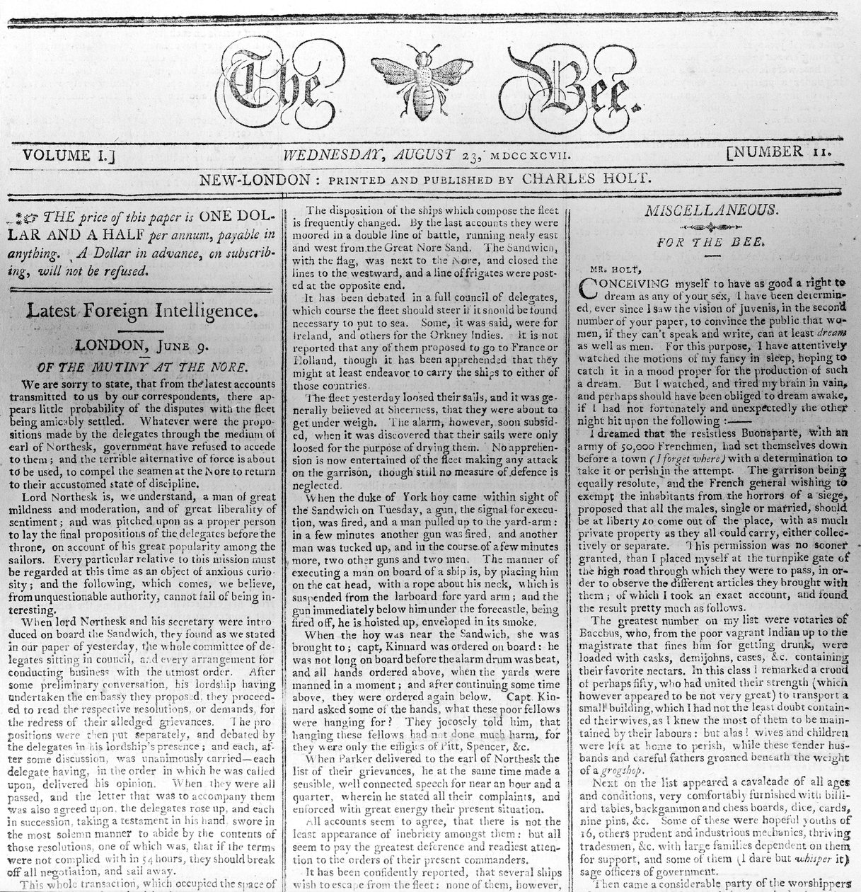 Masthead of The Bee, painettu 23. elokuuta 1797 (tulostus) tekijältä American School