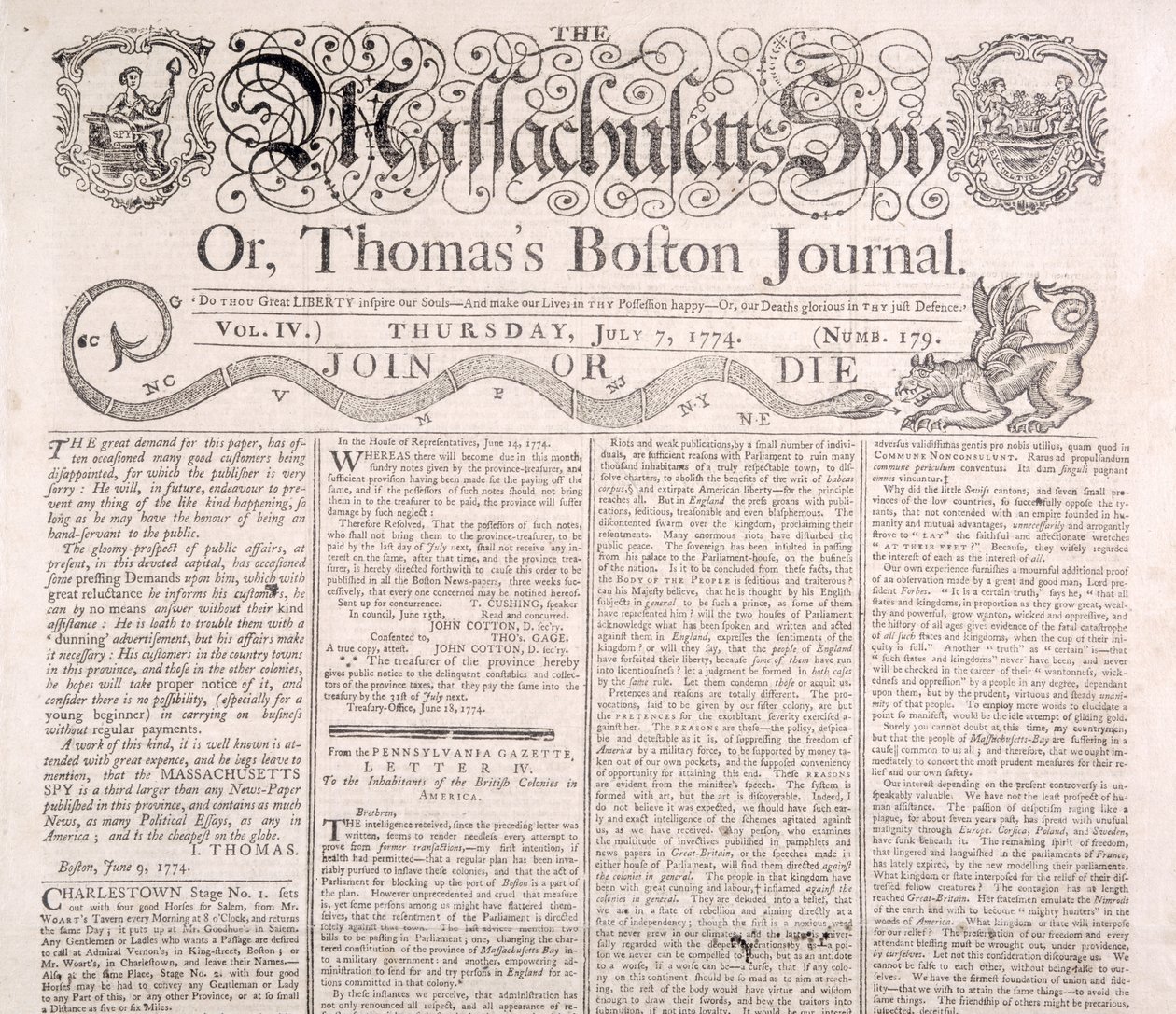 Massachusettsin vakoojan masthead 7. heinäkuuta 1774 (tulostus) tekijältä American School