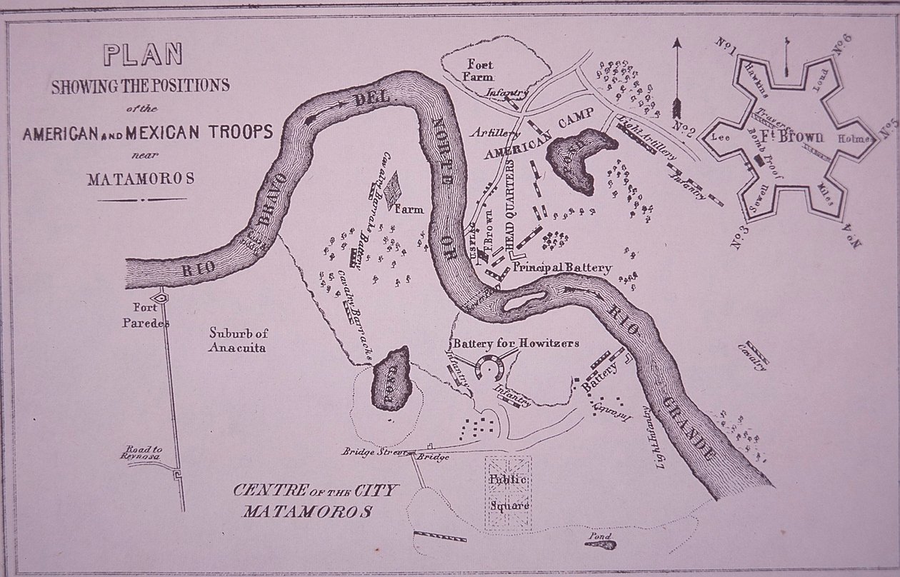 Meksikon ja Amerikan sota (1846-48), kartta Yhdysvaltain joukkoista Rio Granden ja Matamorosin lähellä tekijältä American School