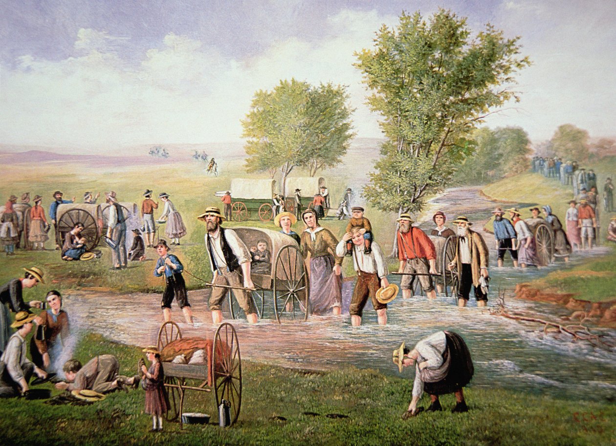 Mormonien pioneerit vetämässä käsikärryjä pitkällä matkalla Salt Lake Cityyn vuonna 1856 (värilitho) tekijältä American School