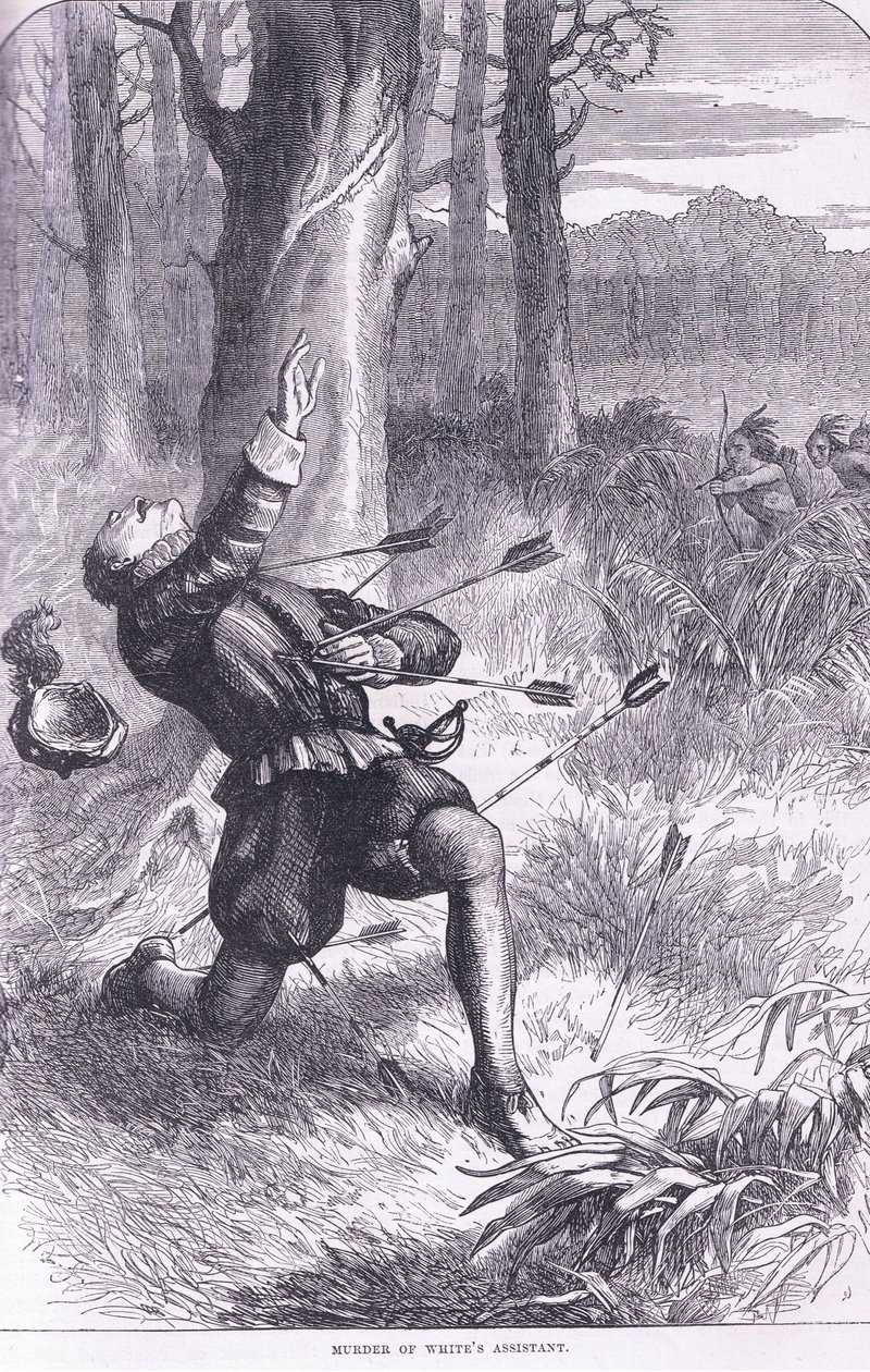 Murder of Whiten assistentti, kuvitus Cassellin History of the United States -pubista. kirjoittanut Petter & Galpin n. 1890 tekijältä American School