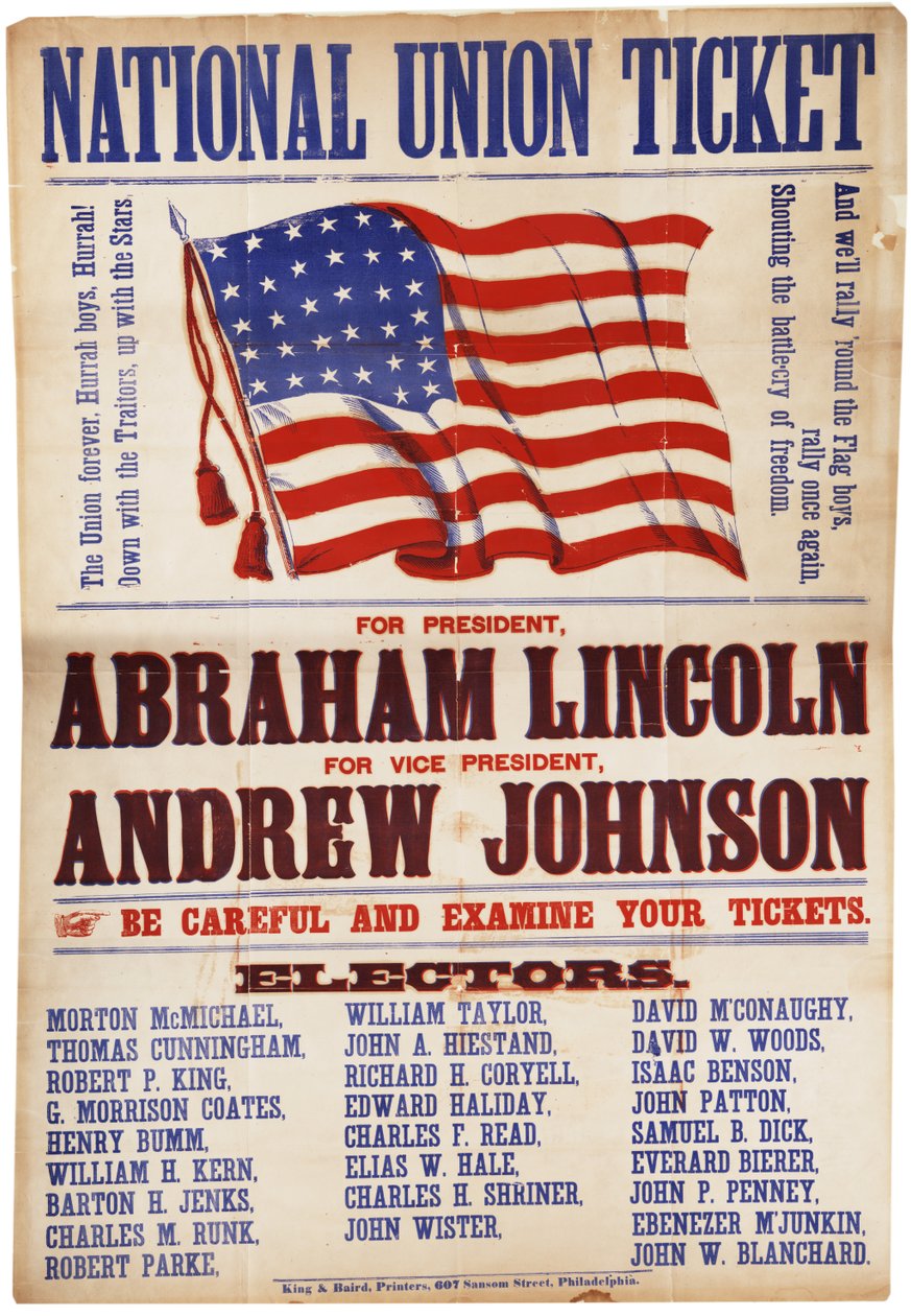 Kansallisliiton lippu. ... Lincoln ja Johnson, Union Forever, 1864 tekijältä American School