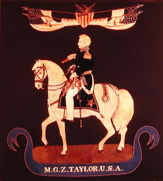 Käsityökuva kenraalimajuri Zachary Taylorista hevosen selässä, n. 1846-55 (huopa, silkki, pellava, puuvilla, metalli, nahka, lasi, maali) tekijältä American School