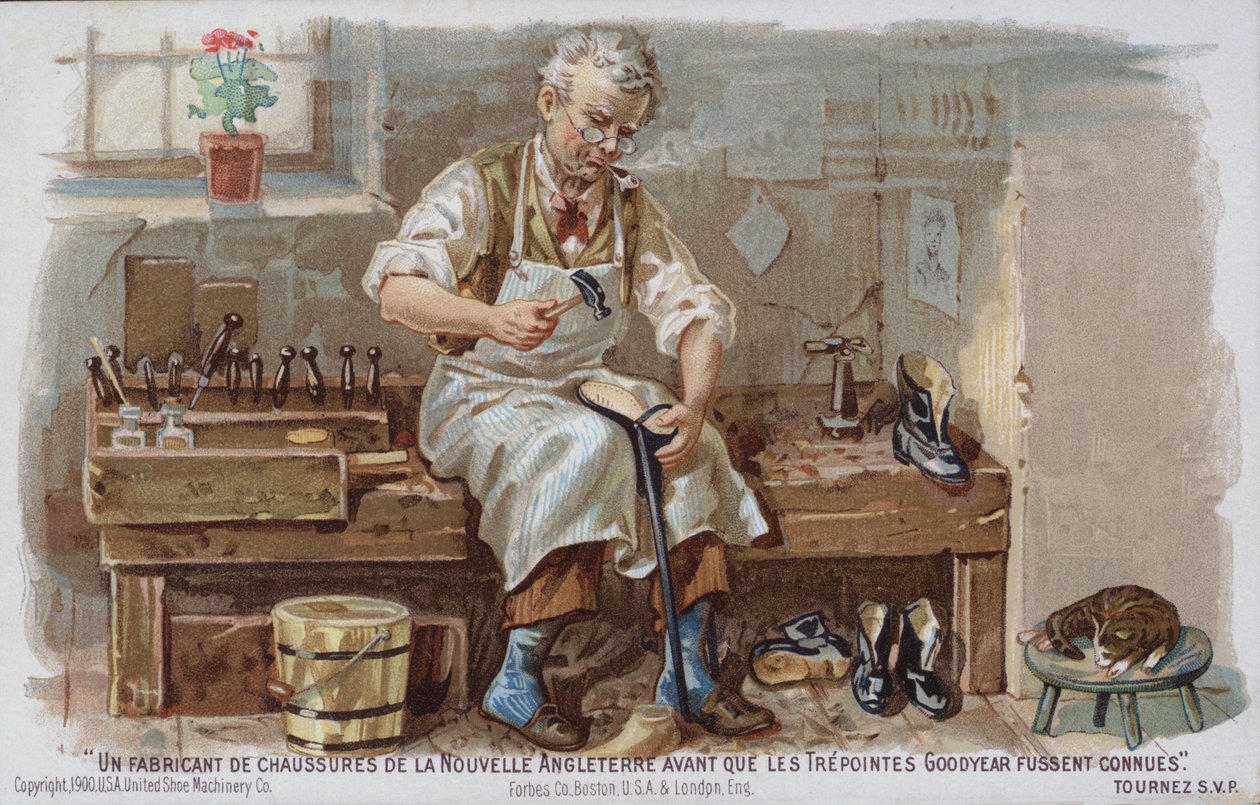 Uuden Englannin kengänvalmistaja ajalta ennen kuin Goodyear Welt otettiin käyttöön (chromolitho). tekijältä American School