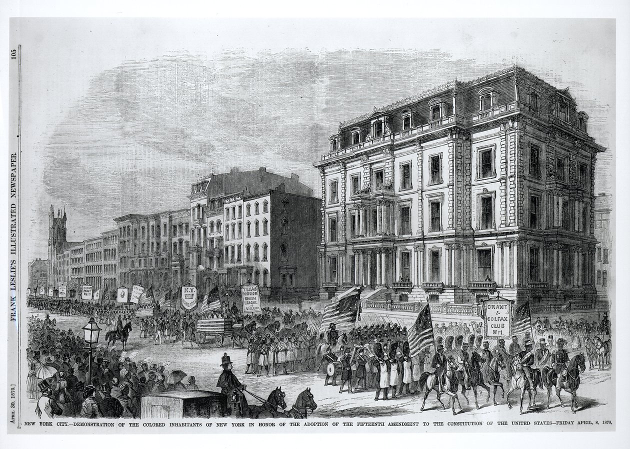 New York City: New Yorkin värikkäiden asukkaiden mielenosoitus Yhdysvaltojen perustuslain 15. muutoksen hyväksymisen kunniaksi, 8. huhtikuuta 1870, "Frank Leslien kuvitettu sanomalehti", 10. huhtikuuta 1870 (kaiverrus) (mustavalkoinen) tekijältä American School