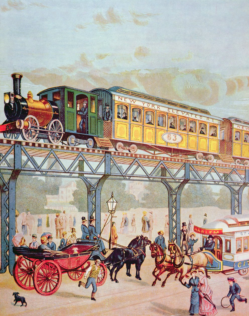 New York Elevated Railway, n. 1880 (väri litho) tekijältä American School