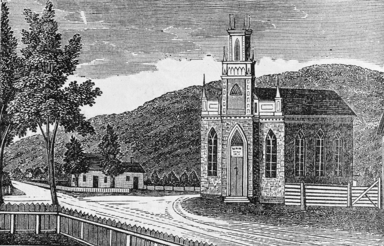 Kentin episkopaalikirkko koilliseen, "Connecticut Historical Collections" -kokoelmasta, John Warner Barber, 1856 tekijältä American School