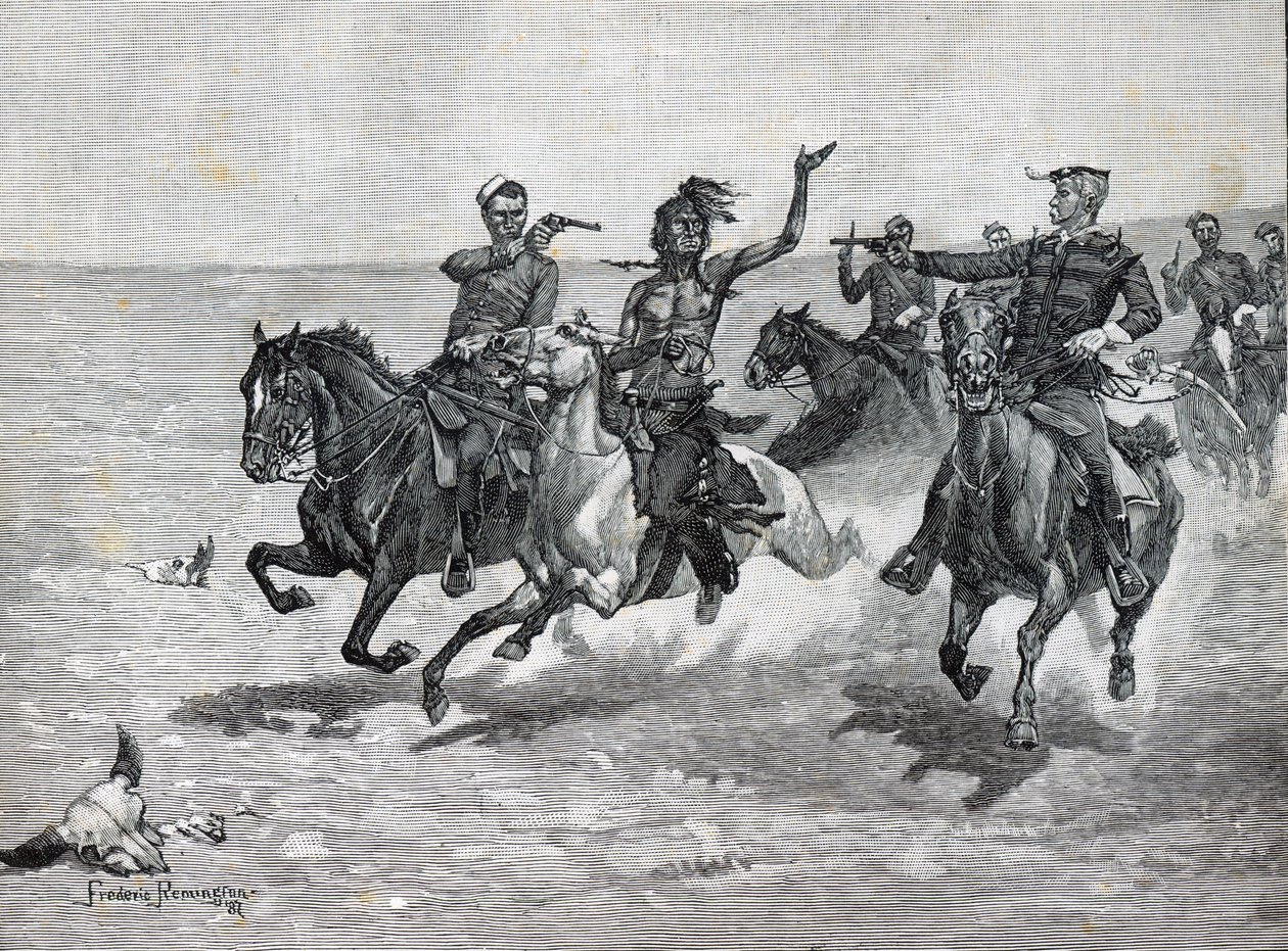 Luoteisratsupoliisi "Blackfeet Murdererin pidätys" (litho) tekijältä American School
