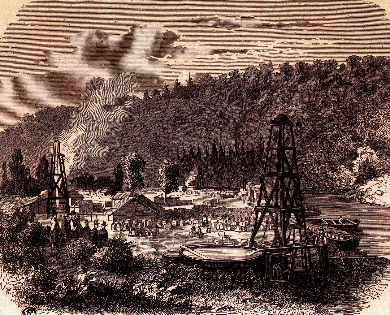 Öljykentät Titusvillessä Pennsylvaniassa, Edwin Laurentine Draken vuonna 1859 keksimä ensimmäinen kaivo Derrick, kaiverrus, USA tekijältä American School