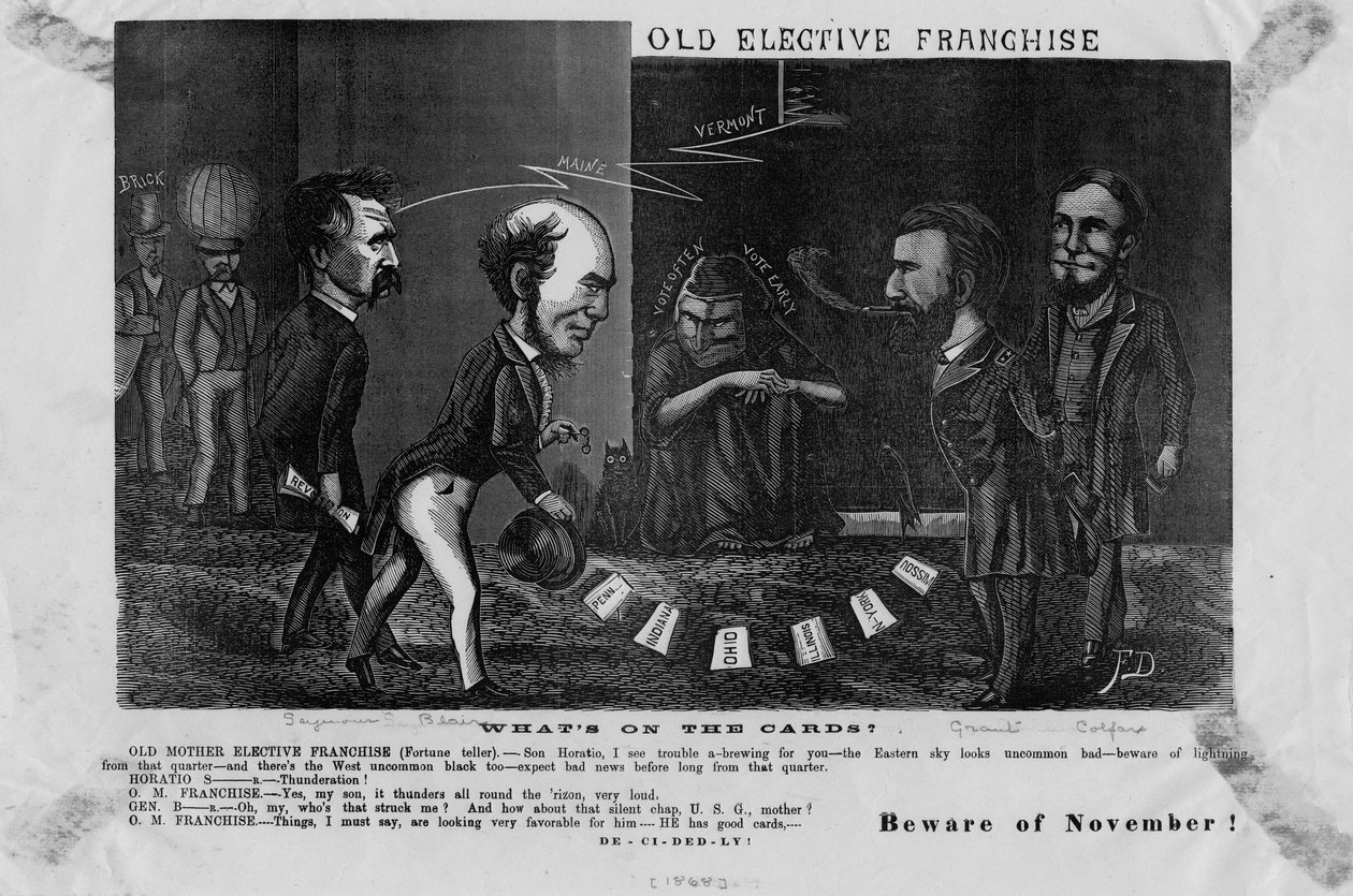 Vanha valinnainen franchise, mitä korteilla on? : varo marraskuuta!, c. 1868 tekijältä American School