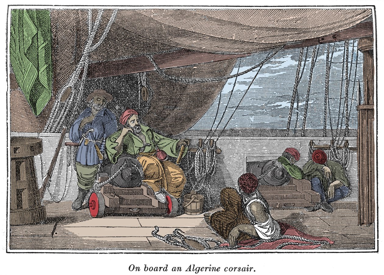 Algerian merirosvojen aluksella Kuva "The Pirates Own Book, autenttiset kertomukset tunnetuimmista meriryöstöistä", Charles Ellms, Boston 1837 tekijältä American School