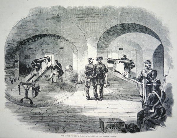 "Yksi kymmenestä sivukasemaattipatterista Fort Dickensissä, Floridassa", unionin hallinnassa vuonna 1861 (litho) tekijältä American School