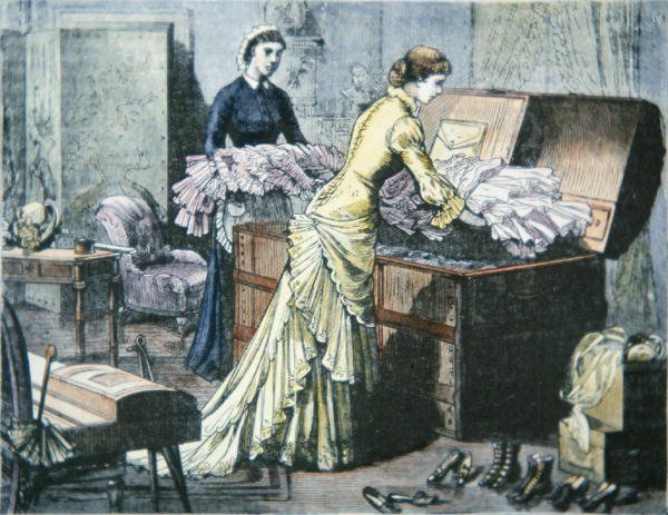 Saratoga-rungon pakkaaminen junamatkaa varten Saratoga Springsiin, New Yorkiin, n. 1880 (värinen kaiverrus) tekijältä American School