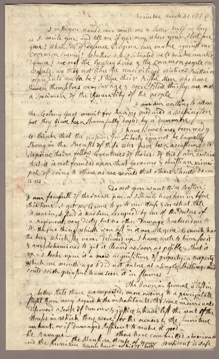 Sivu 1, Abigail Adamsin kirje John Adamsille, 31. maaliskuuta - 5. huhtikuuta 1776 (muste paperille) tekijältä American School