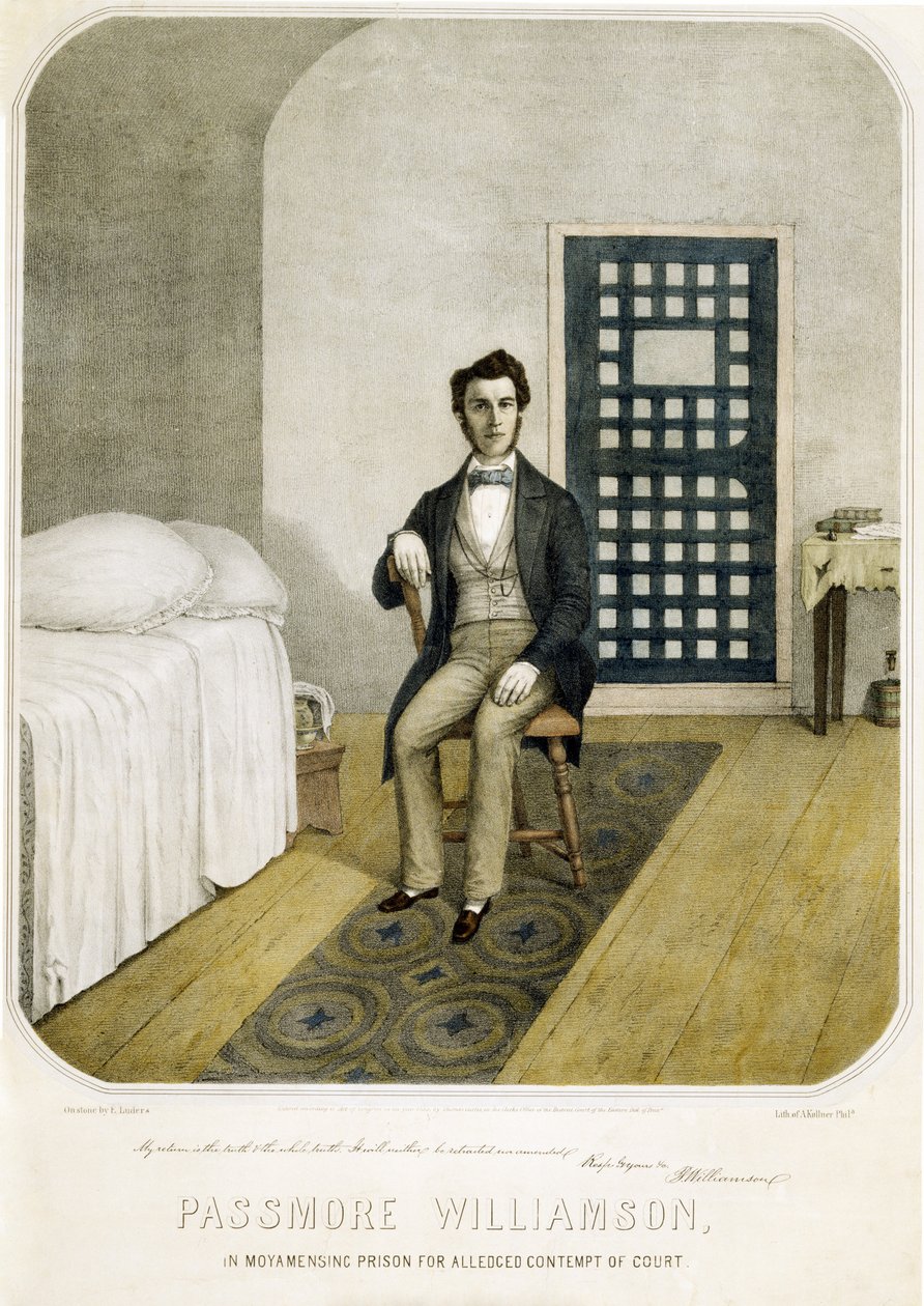 Passmore Williamson Moyamensingin vankilassa väitetyn oikeuden halventamisen vuoksi, pub. 1855 (värilitro) tekijältä American School