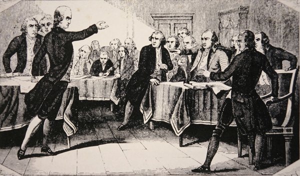 Patrick Henry ennen Virginian edustajakokousta maaliskuussa 1775 (litho) tekijältä American School