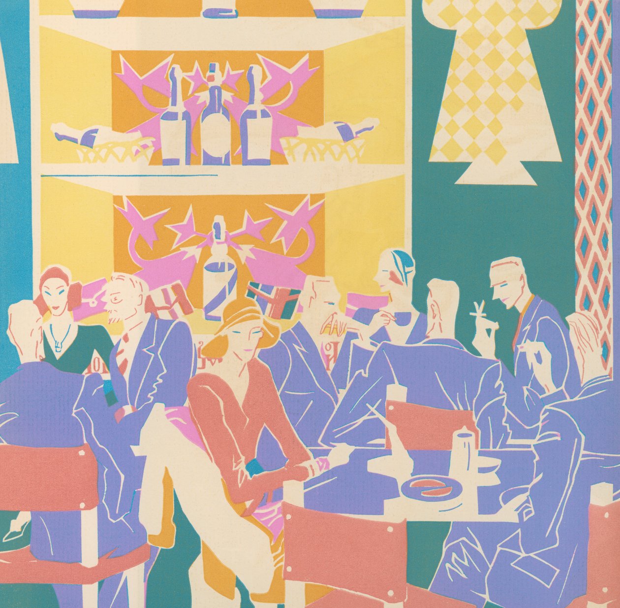 Suojelijoita art deco -jazzklubin pöydissä tekijältä American School