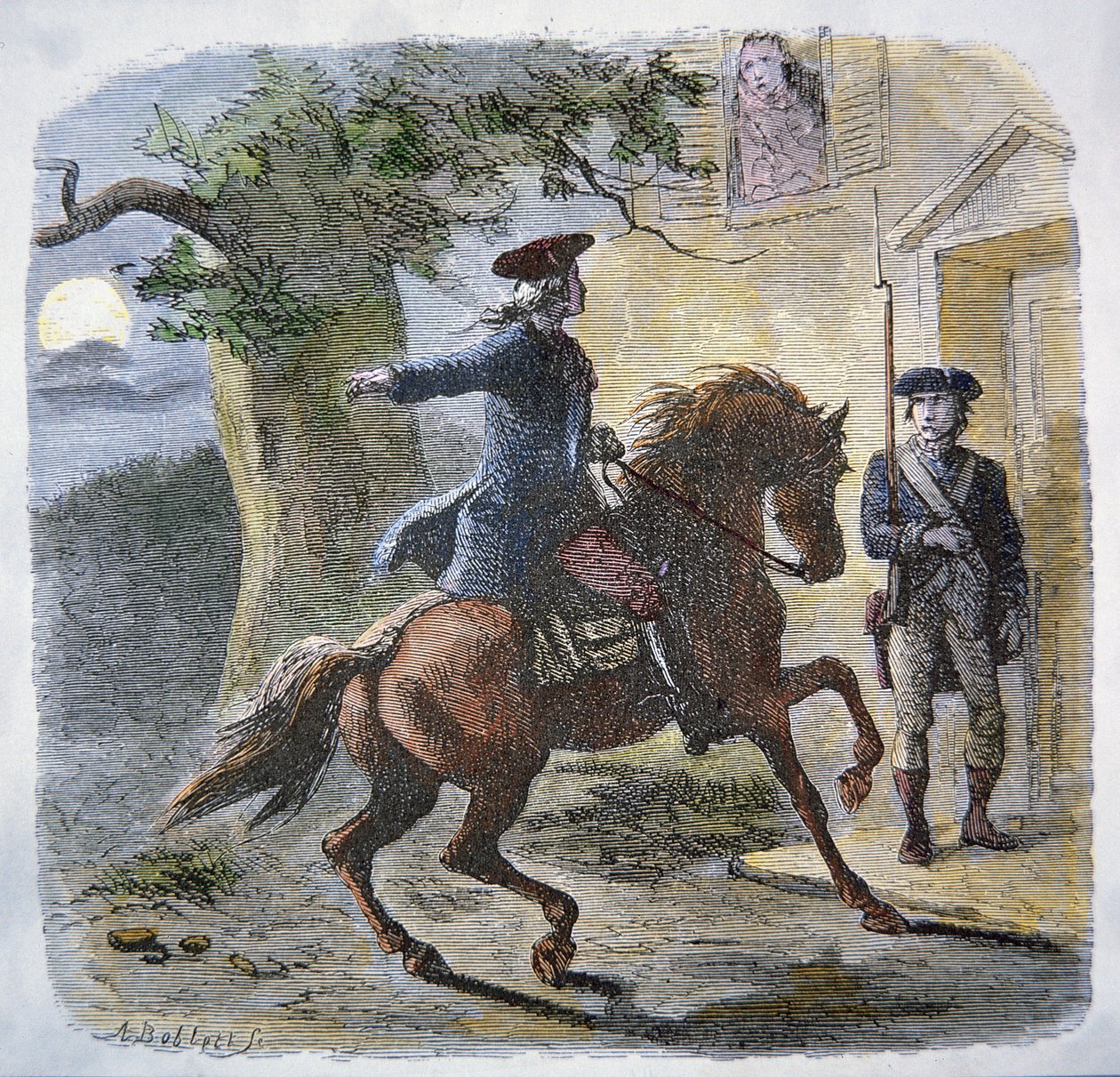 Paul Reveren kuuluisa kyyti yöllä 18. huhtikuuta 1775 (väri litho) tekijältä American School
