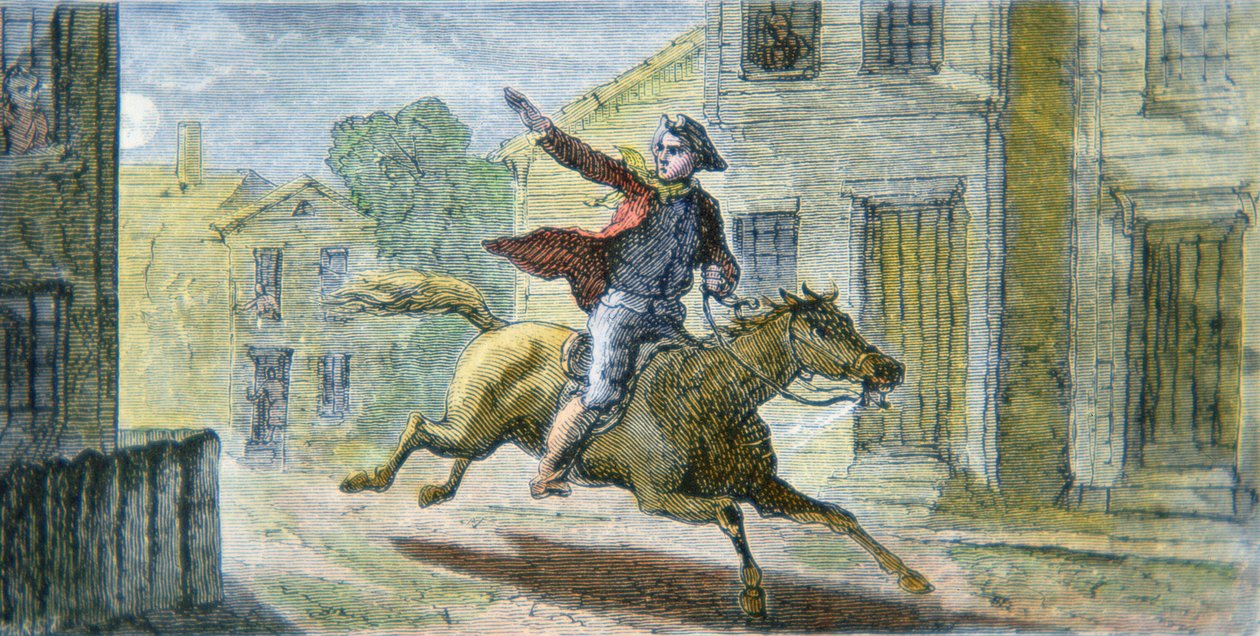 Paul Reveren kuuluisa ratsastus yöllä 18. huhtikuuta 1775 (värinen lito) tekijältä American School